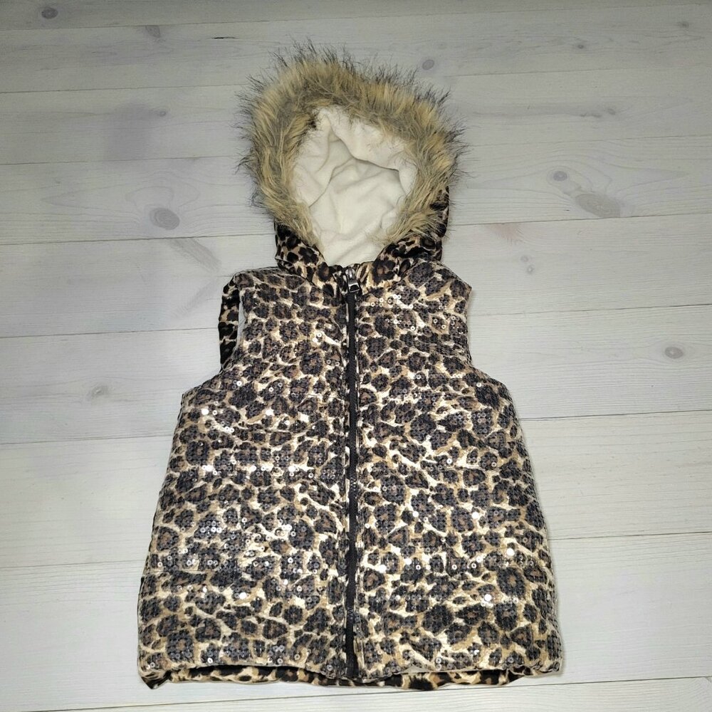 1989 PLACE Girl's Puffer Vest Cheetah Sequin Faux Fur Trim Hooded  Zip Up.